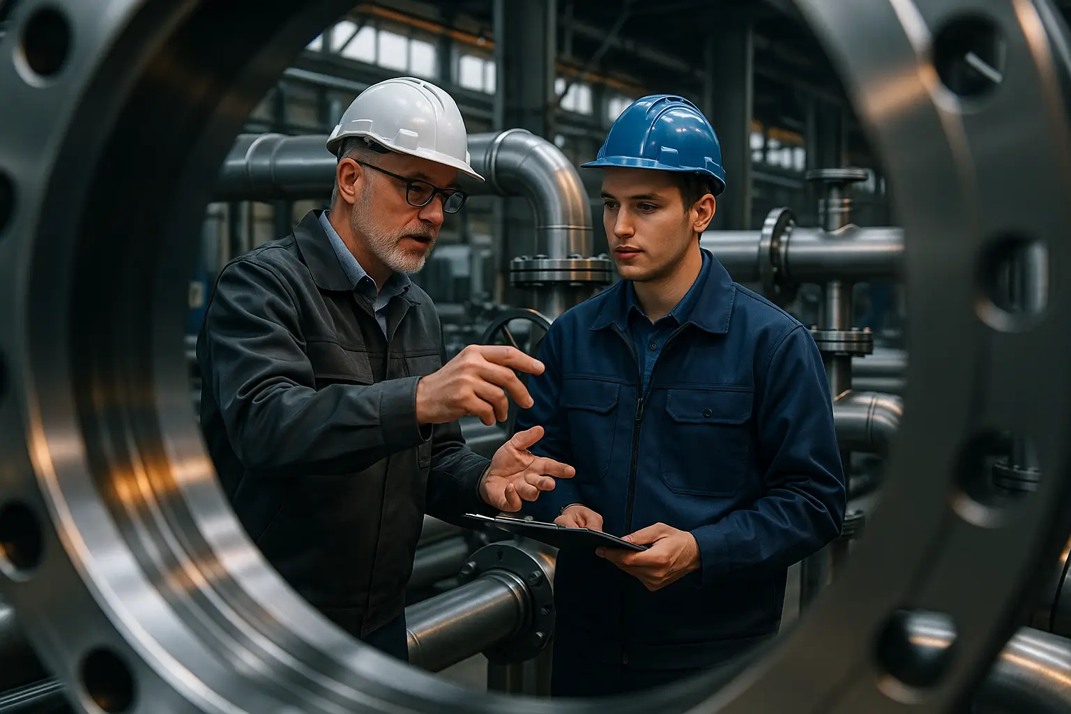 инженер обучает молодого рабочего у труб