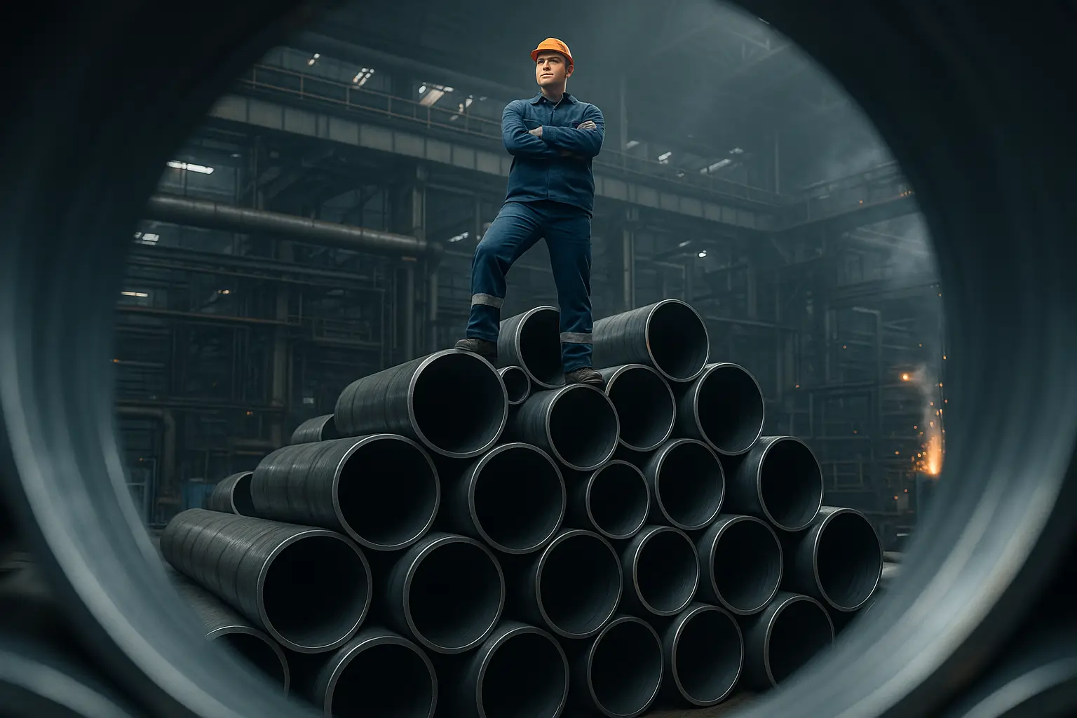 рабочий стоит на куче труб на складе