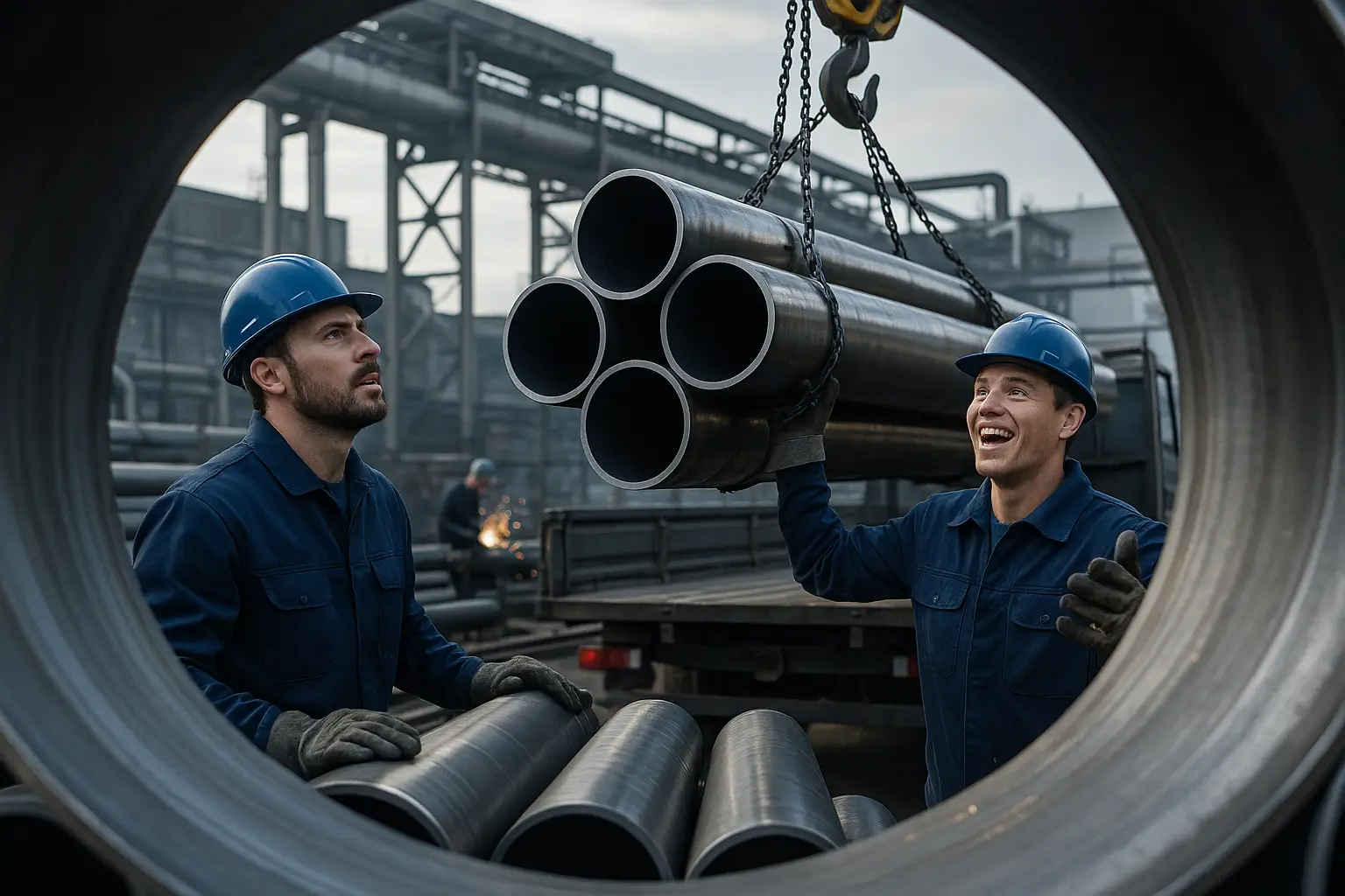 загрузка труб на транспорт в промышленной зоне