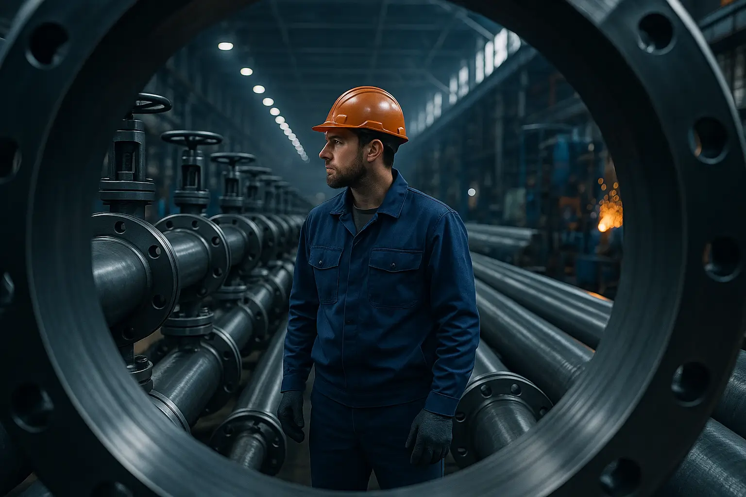 рабочий смотрит вдоль длинной линии труб