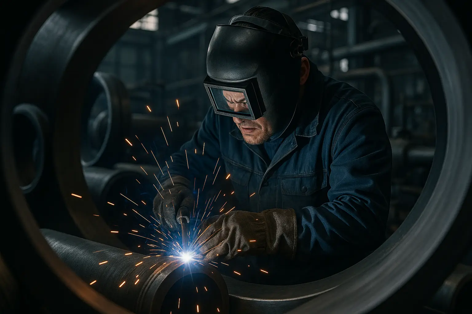 сварщик работает с искрами среди труб