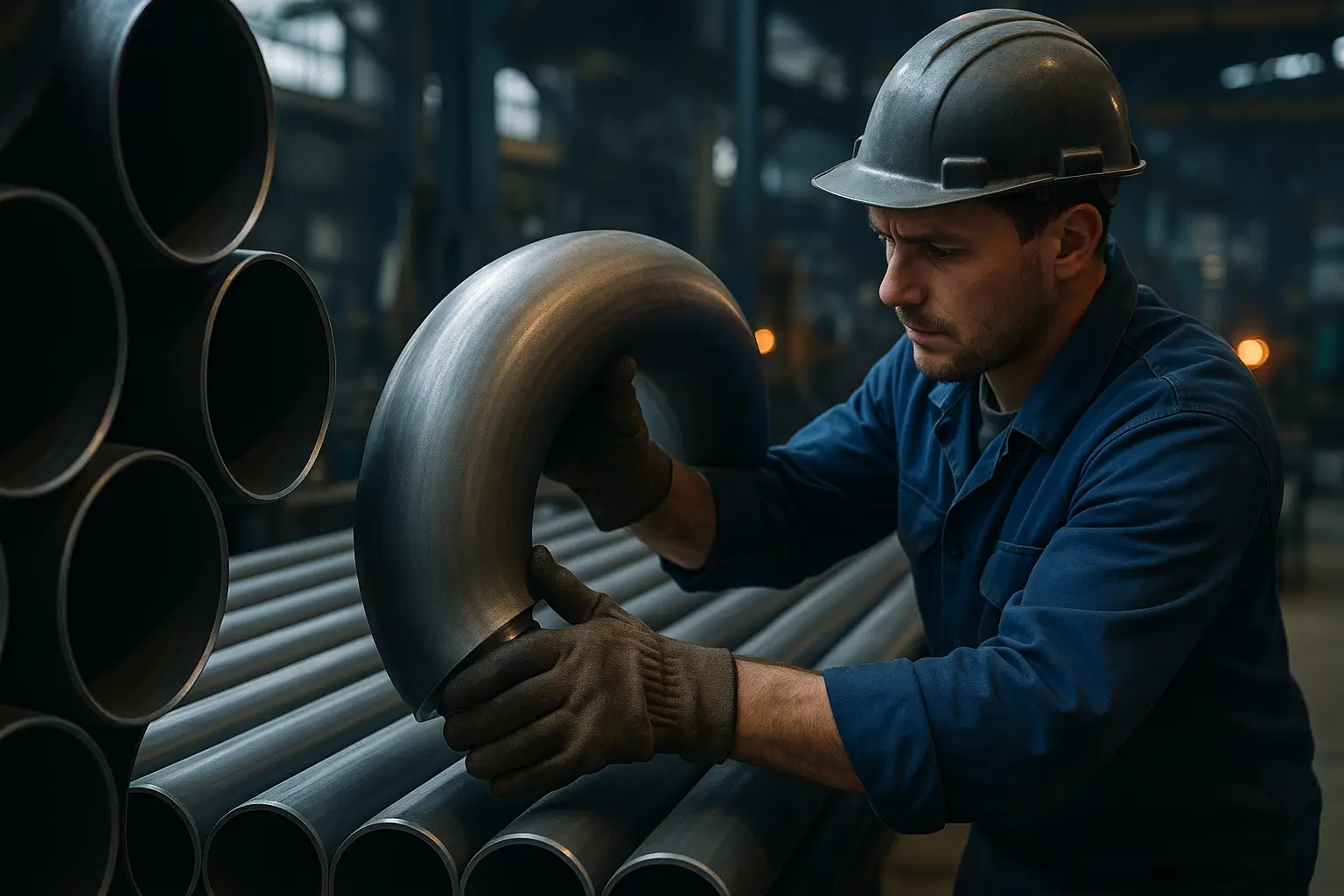 рабочий удерживает отвод среди труб на производстве