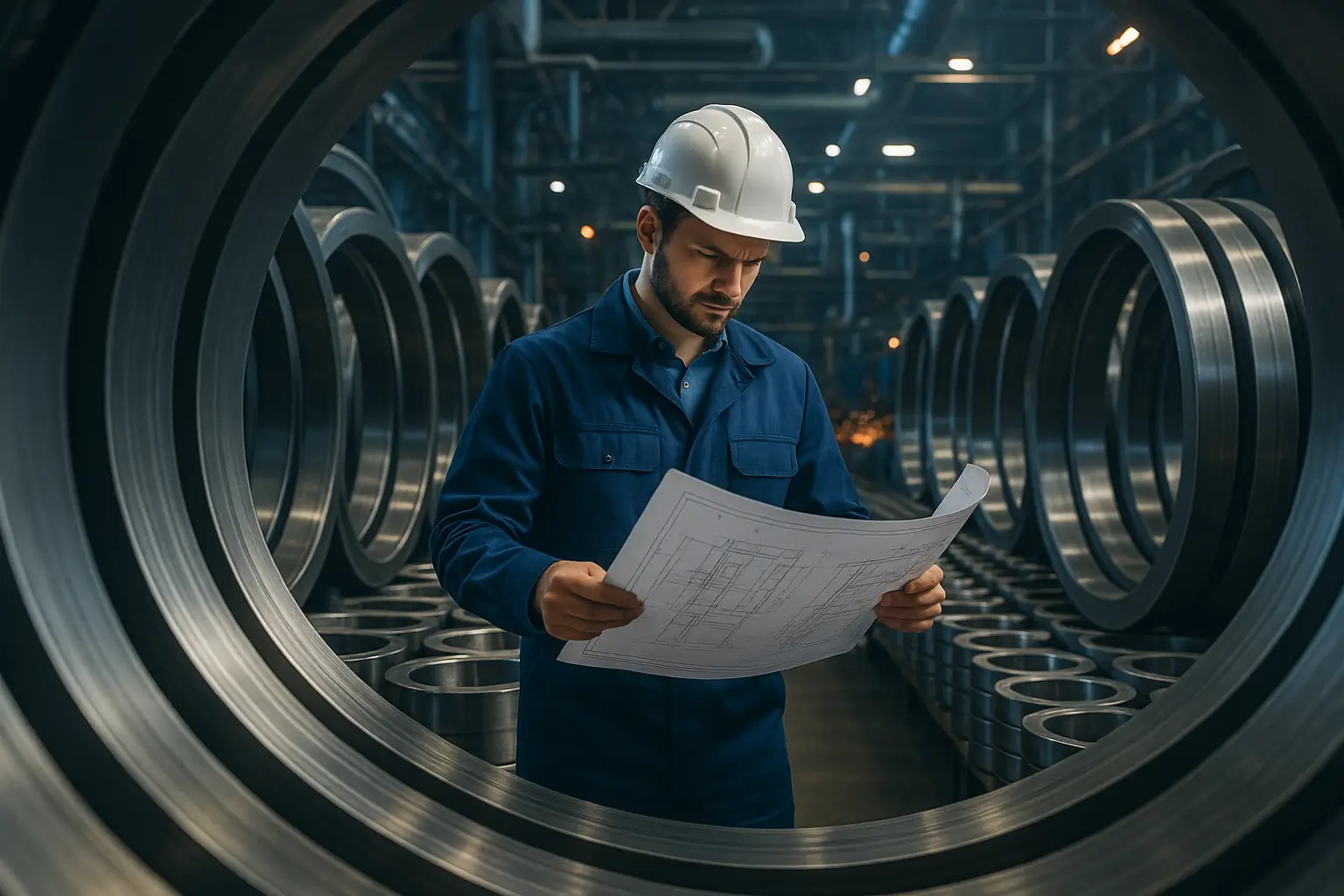 инженер анализирует металлические кольца на производстве