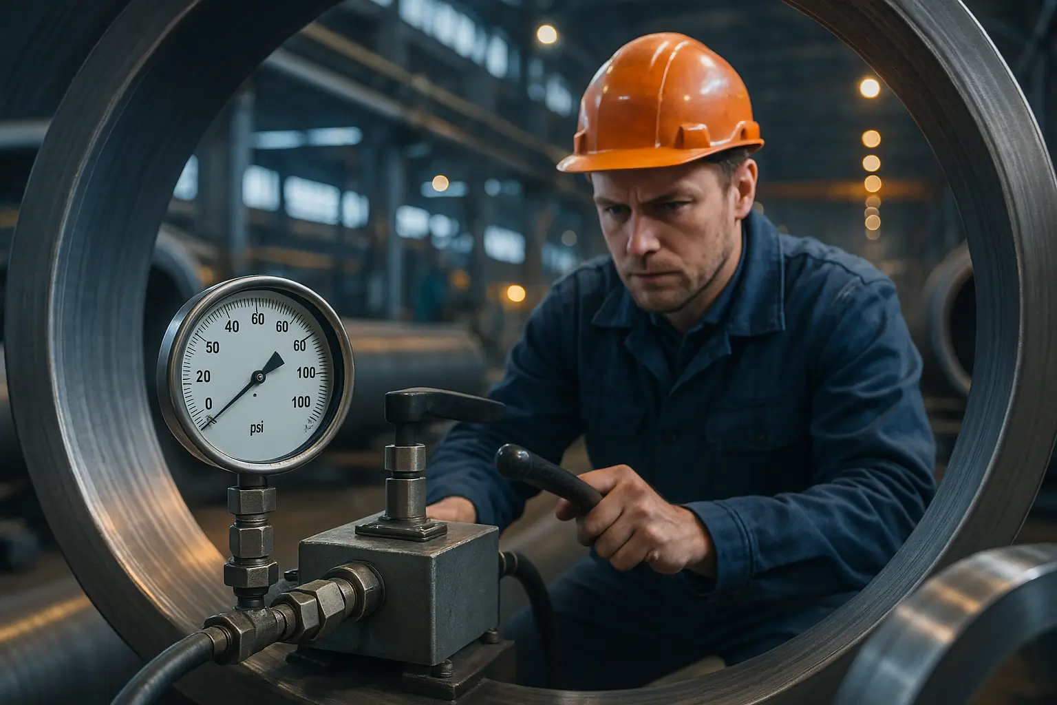 рабочий проверяет давление на испытании трубы