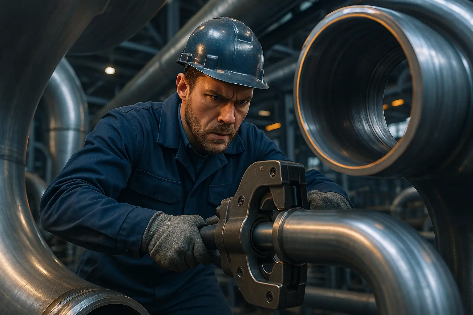 рабочий закрепляет трубу в оборудовании