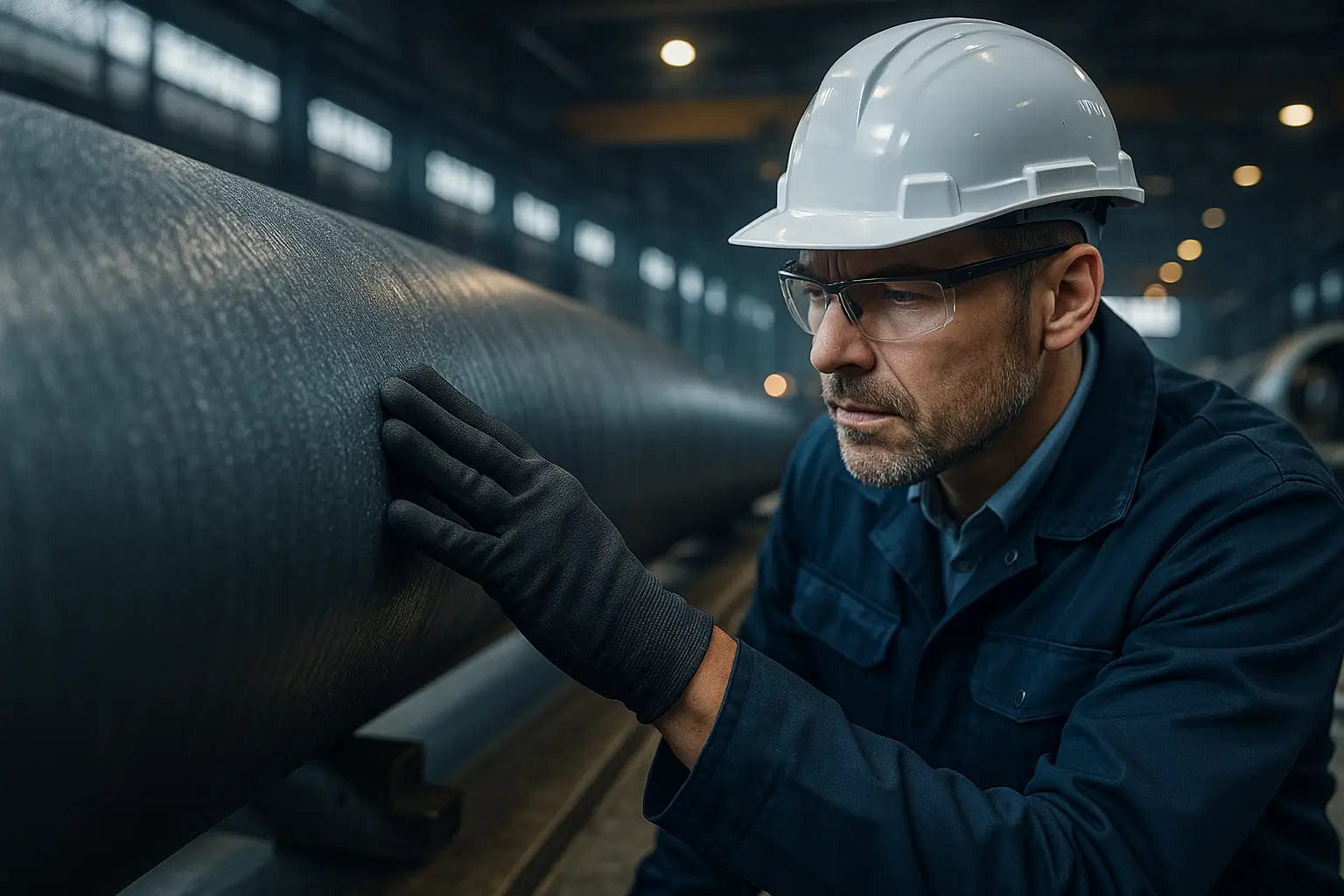 инженер проверяет антикоррозийное покрытие трубы