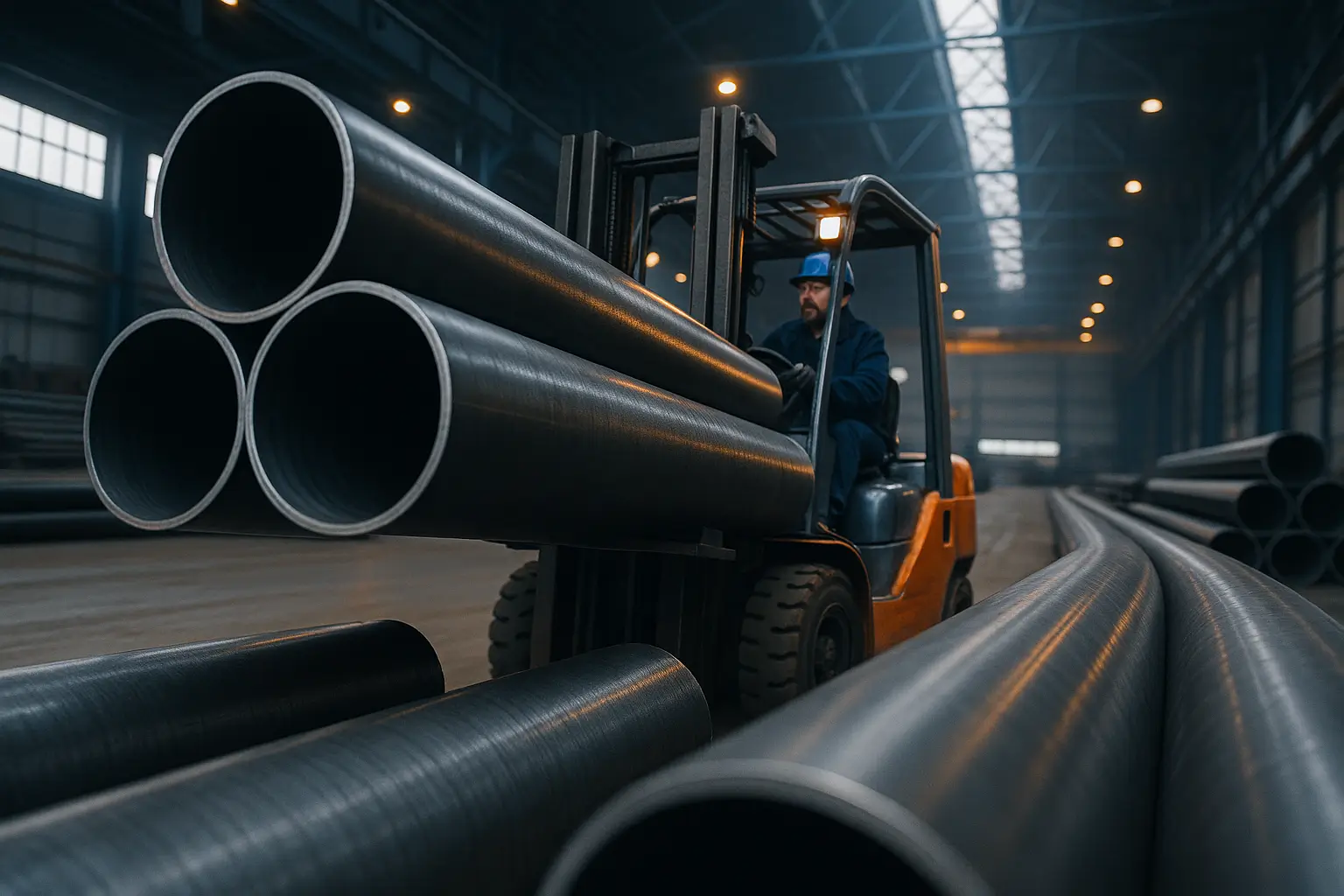 погрузка крупных труб на складе