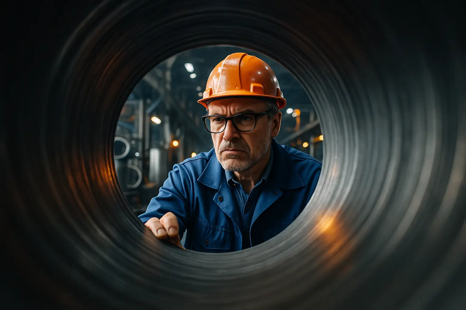 инженер смотрит внутрь трубы с контролем качества