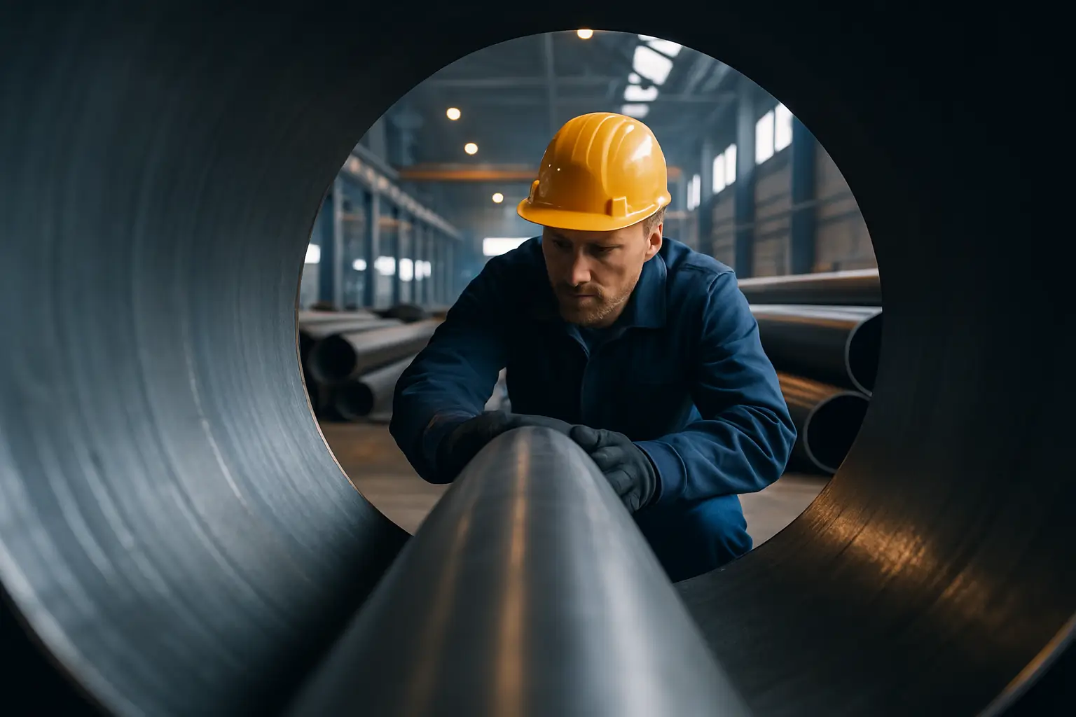 инженер проверяет трубу уходящую в глубину цеха