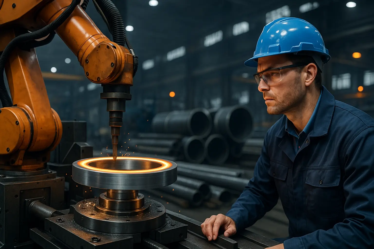 робот формирует металлическое кольцо на заводе