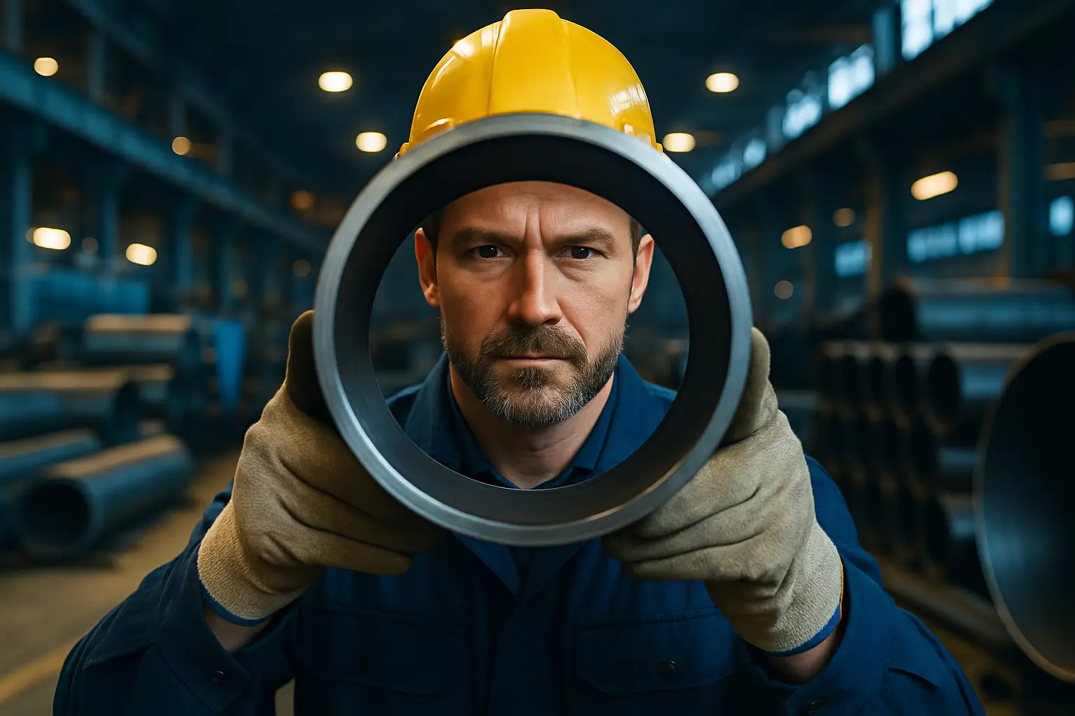 рабочий держит трубу перед камерой в заводском цехе